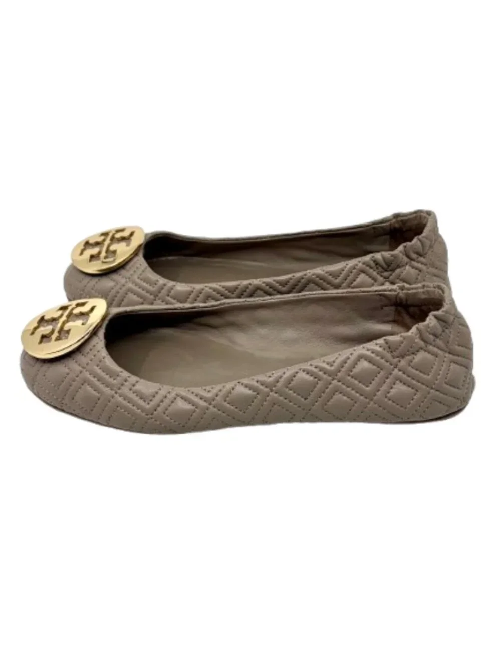 TORY BURCH~Minnie Quilted~TRAVEL BALLET FLAT~GRAY TAUPE LEATHER SZ 7.5 NEAR NEW